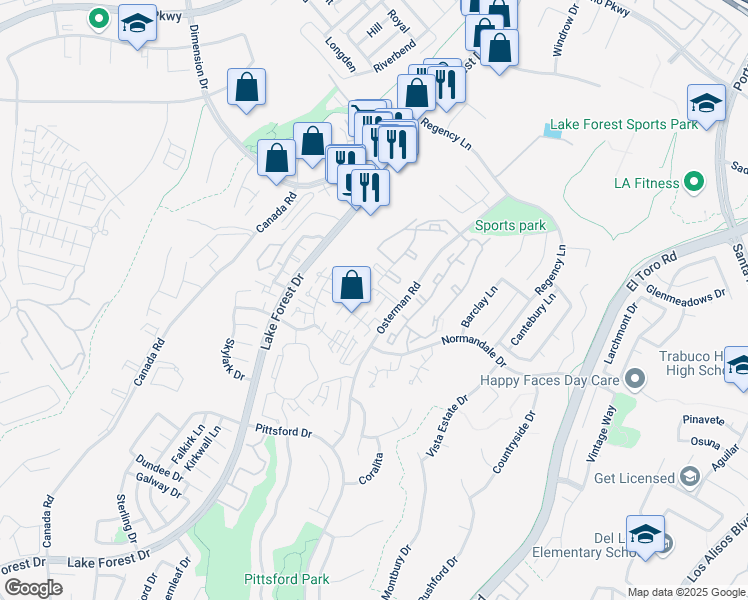 map of restaurants, bars, coffee shops, grocery stores, and more near 21011 Osterman Road in Lake Forest