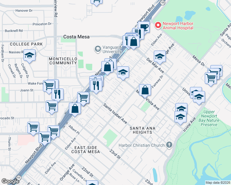 map of restaurants, bars, coffee shops, grocery stores, and more near 2441 Elden Avenue in Costa Mesa