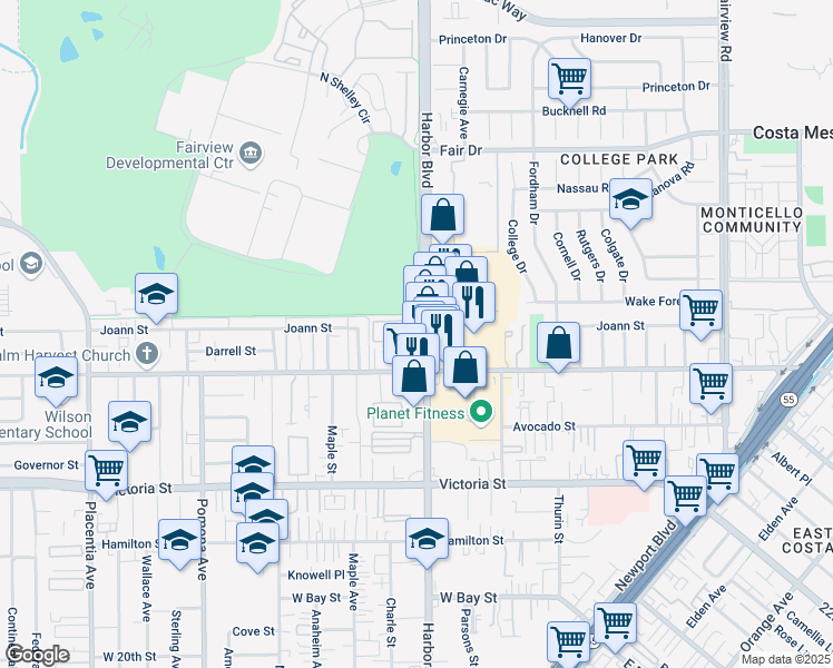 map of restaurants, bars, coffee shops, grocery stores, and more near 2273 Harbor Boulevard in Costa Mesa