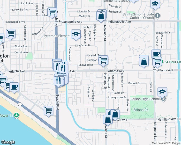 map of restaurants, bars, coffee shops, grocery stores, and more near 21021 Lochlea Lane in Huntington Beach