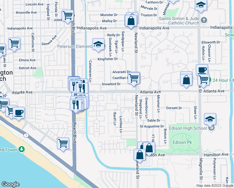 map of restaurants, bars, coffee shops, grocery stores, and more near 21021 Lochlea Lane in Huntington Beach