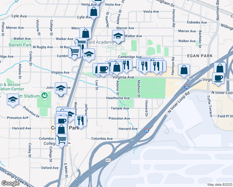 map of restaurants, bars, coffee shops, grocery stores, and more near 1633 Hawthorne Avenue in College Park