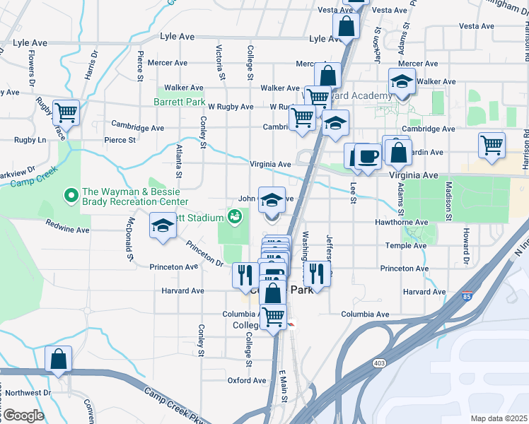 map of restaurants, bars, coffee shops, grocery stores, and more near 3593 Hemphill Street in Atlanta