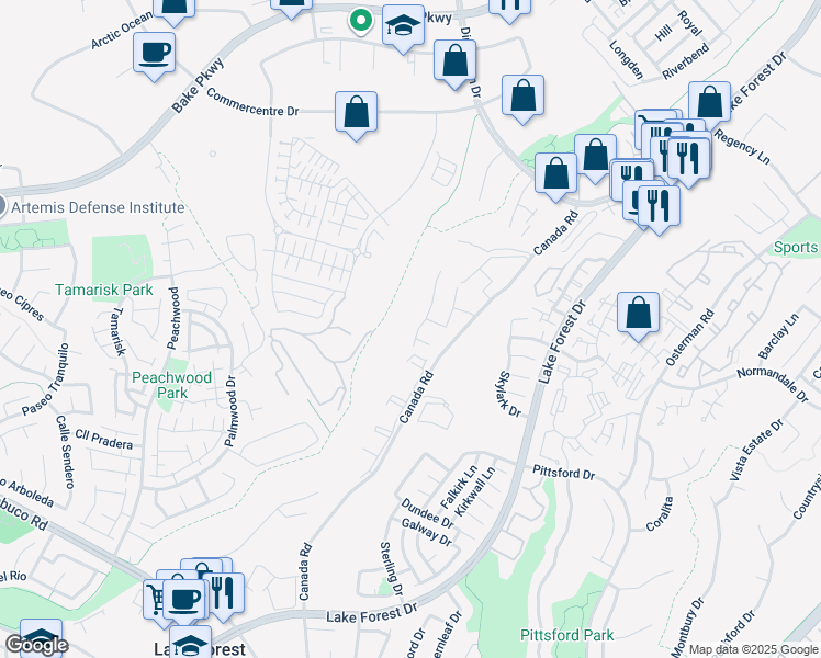 map of restaurants, bars, coffee shops, grocery stores, and more near 21061 Sharmila in Lake Forest