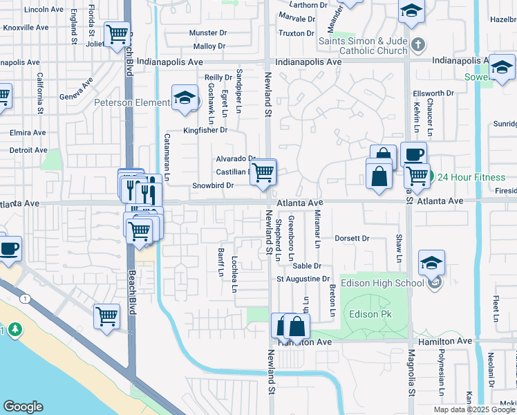 map of restaurants, bars, coffee shops, grocery stores, and more near 8450 Atlanta Avenue in Huntington Beach