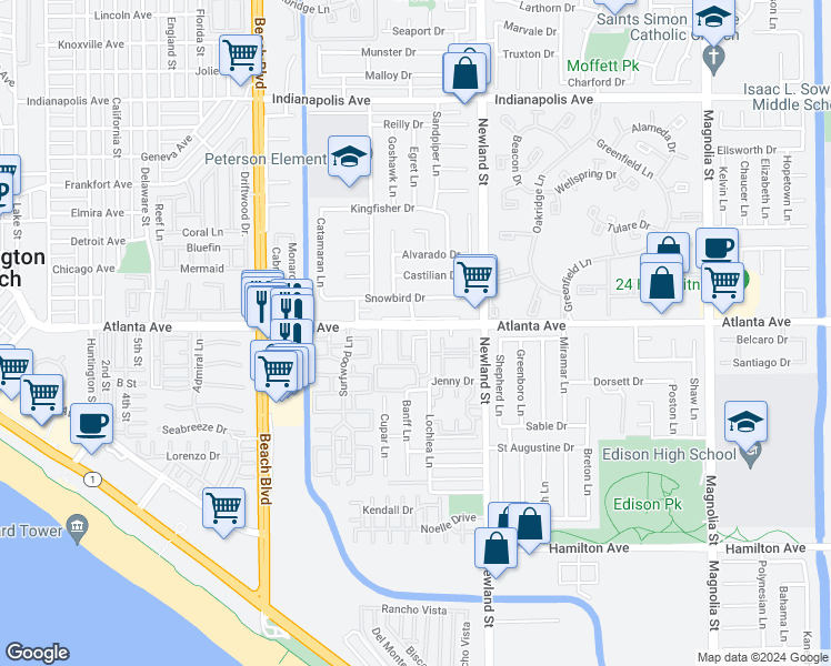map of restaurants, bars, coffee shops, grocery stores, and more near 8362 Atlanta Avenue in Huntington Beach