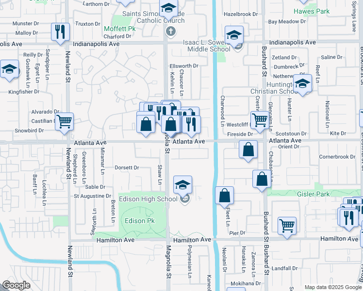 map of restaurants, bars, coffee shops, grocery stores, and more near 9081 Belcaro Drive in Huntington Beach