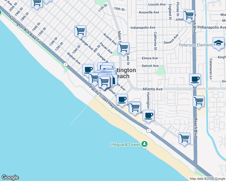 map of restaurants, bars, coffee shops, grocery stores, and more near 216 Walnut Avenue in Huntington Beach