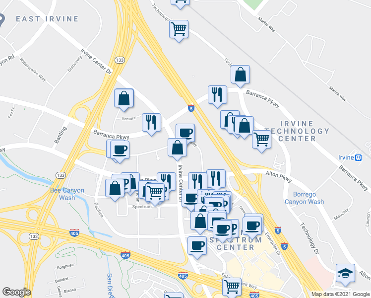 map of restaurants, bars, coffee shops, grocery stores, and more near 7905 Irvine Center Drive in Irvine