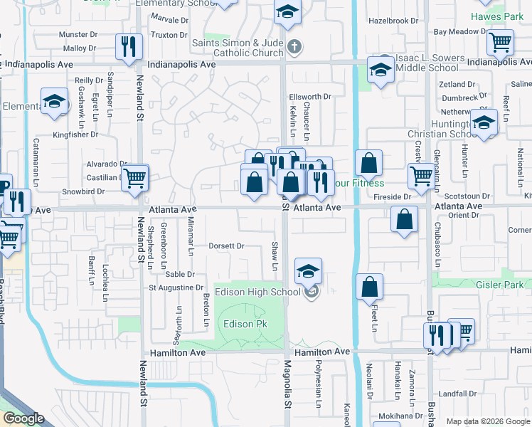 map of restaurants, bars, coffee shops, grocery stores, and more near 21041 Shaw Lane in Huntington Beach