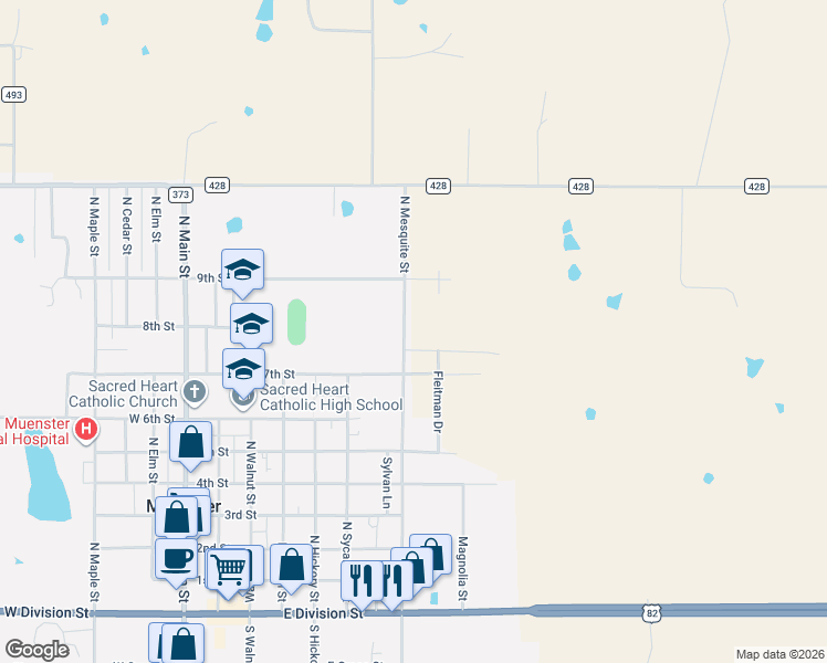 map of restaurants, bars, coffee shops, grocery stores, and more near 830 North Mesquite Street in Muenster