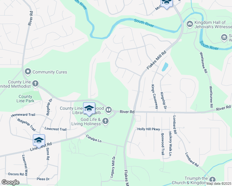map of restaurants, bars, coffee shops, grocery stores, and more near 4364 River Road in Ellenwood