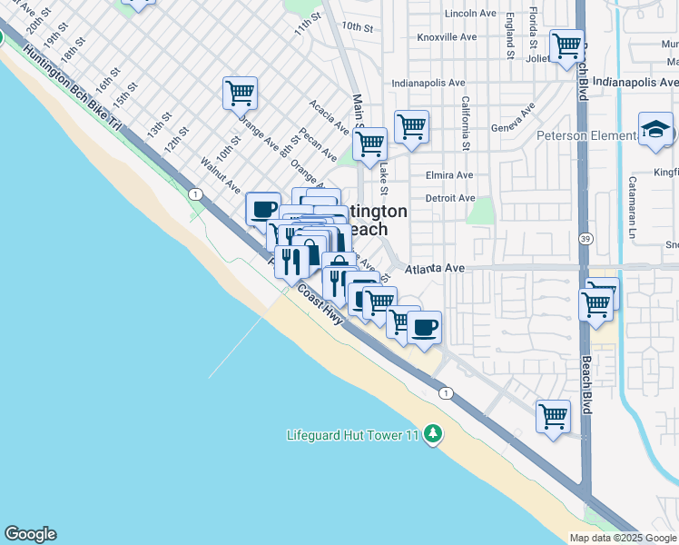 map of restaurants, bars, coffee shops, grocery stores, and more near 216 Walnut Avenue in Huntington Beach