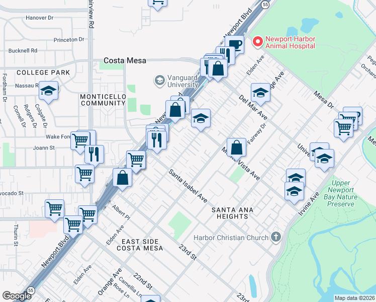 map of restaurants, bars, coffee shops, grocery stores, and more near 2441 Elden Avenue in Costa Mesa