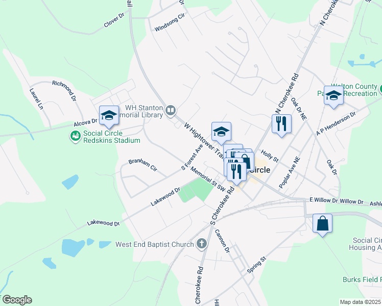 map of restaurants, bars, coffee shops, grocery stores, and more near 159 South Forest Avenue in Social Circle
