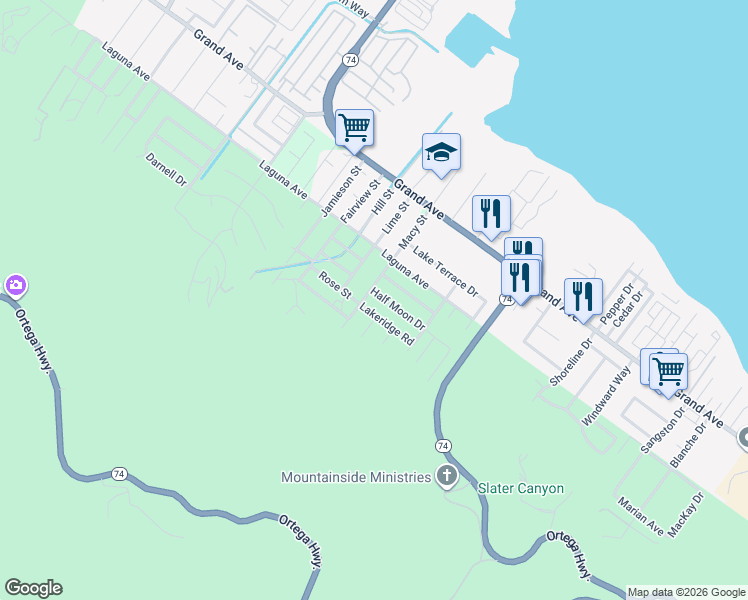 map of restaurants, bars, coffee shops, grocery stores, and more near 33400 Macy Street in Lake Elsinore