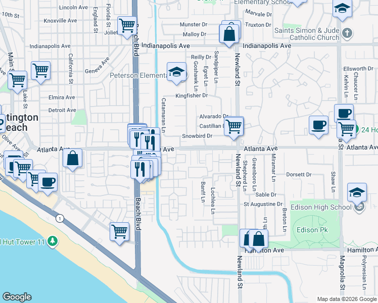 map of restaurants, bars, coffee shops, grocery stores, and more near 8234 Atlanta Avenue in Huntington Beach
