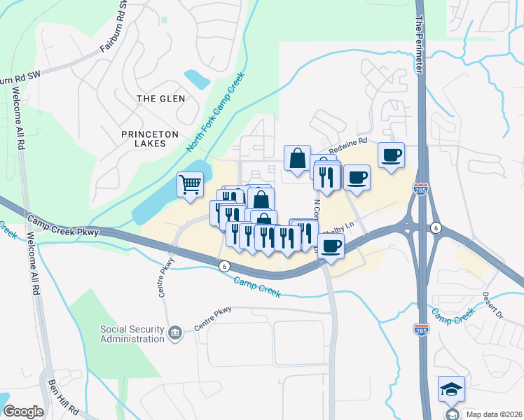 map of restaurants, bars, coffee shops, grocery stores, and more near 3735 Princeton Lakes Parkway in Atlanta