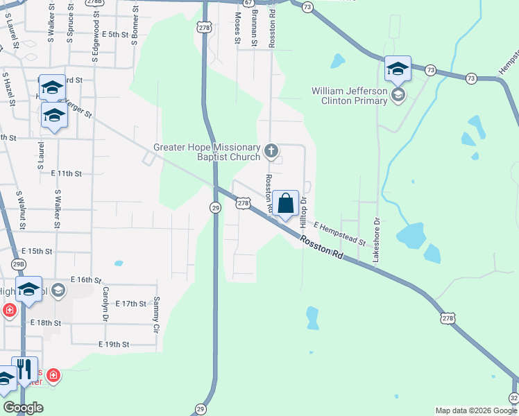 map of restaurants, bars, coffee shops, grocery stores, and more near 1605 Shover Road in Hope