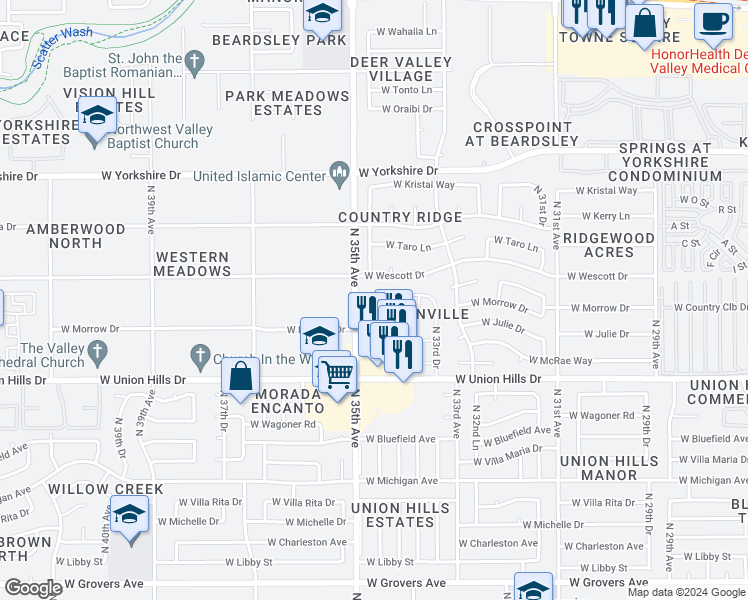 map of restaurants, bars, coffee shops, grocery stores, and more near 3431 West Kimberly Way in Phoenix