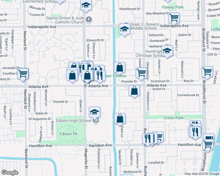 map of restaurants, bars, coffee shops, grocery stores, and more near 9221 Belcaro Drive in Huntington Beach