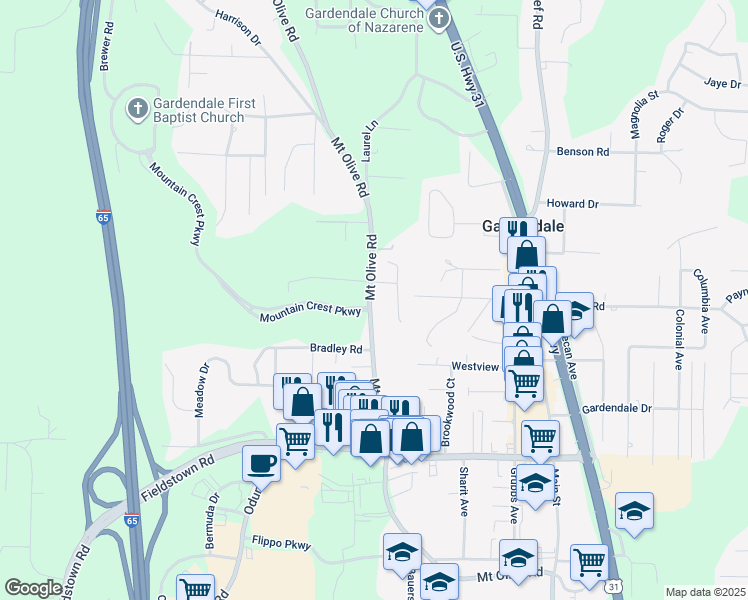 map of restaurants, bars, coffee shops, grocery stores, and more near 1237 Mount Olive Road in Gardendale