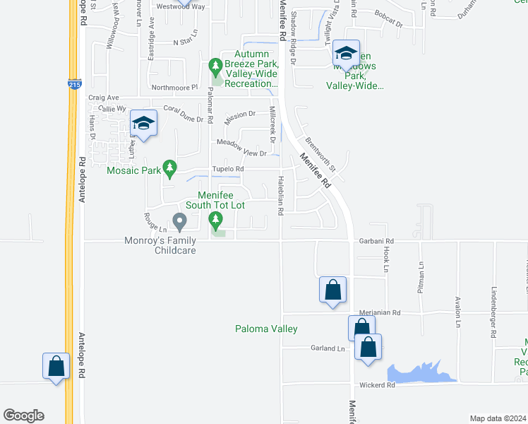 map of restaurants, bars, coffee shops, grocery stores, and more near 31889 Anthony Court in Menifee