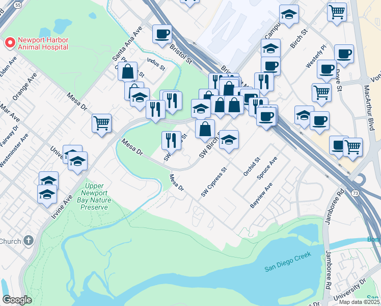 map of restaurants, bars, coffee shops, grocery stores, and more near 20320 Southwest Birch Street in Newport Beach