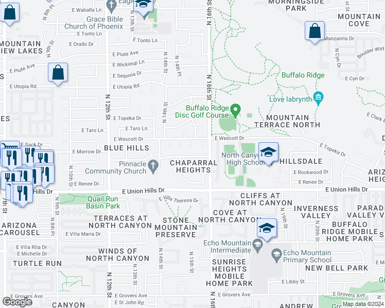 map of restaurants, bars, coffee shops, grocery stores, and more near 1464 East Rosemonte Drive in Phoenix