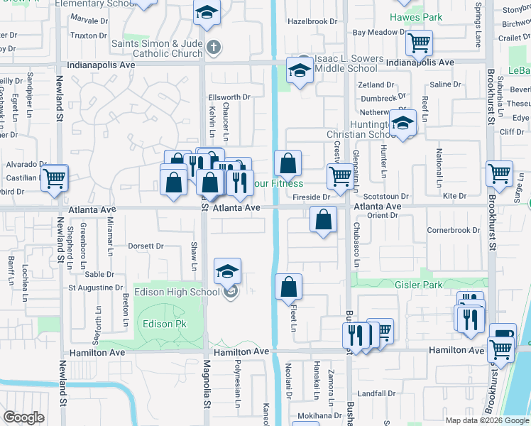 map of restaurants, bars, coffee shops, grocery stores, and more near 9221 Belcaro Drive in Huntington Beach