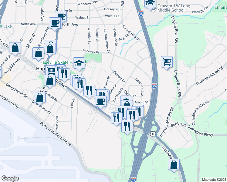 map of restaurants, bars, coffee shops, grocery stores, and more near 3381 La Vista Drive in Atlanta