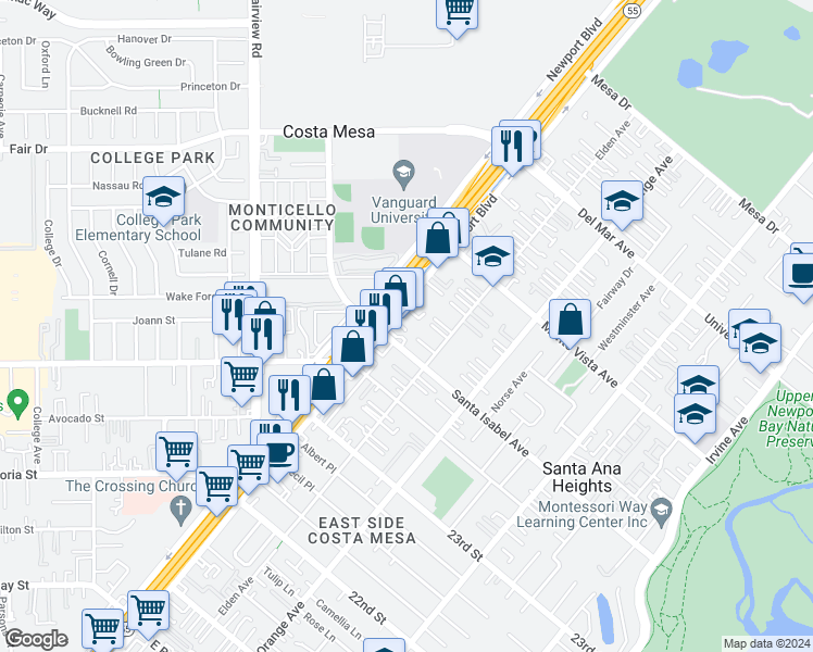 map of restaurants, bars, coffee shops, grocery stores, and more near 126 Santa Isabel Avenue in Costa Mesa