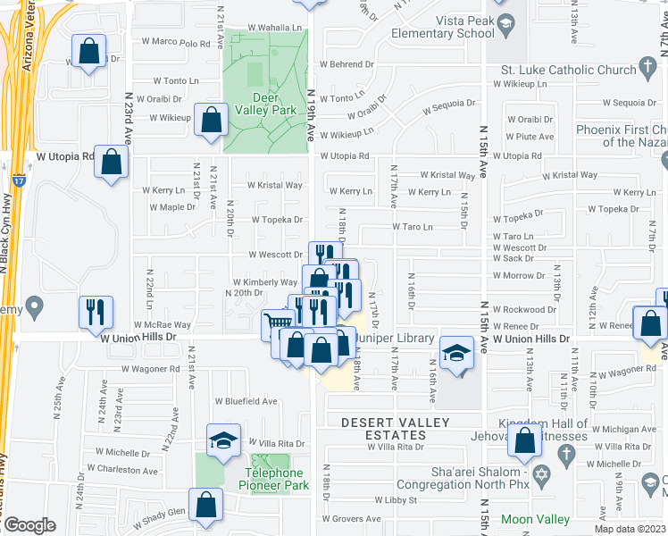 map of restaurants, bars, coffee shops, grocery stores, and more near 18811 North 19th Avenue in Phoenix