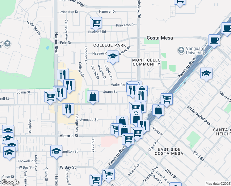 map of restaurants, bars, coffee shops, grocery stores, and more near 2285 Avalon Street in Costa Mesa