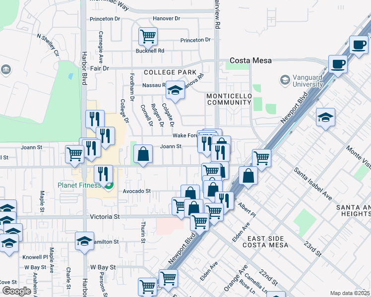 map of restaurants, bars, coffee shops, grocery stores, and more near 2268 Avalon Street in Costa Mesa