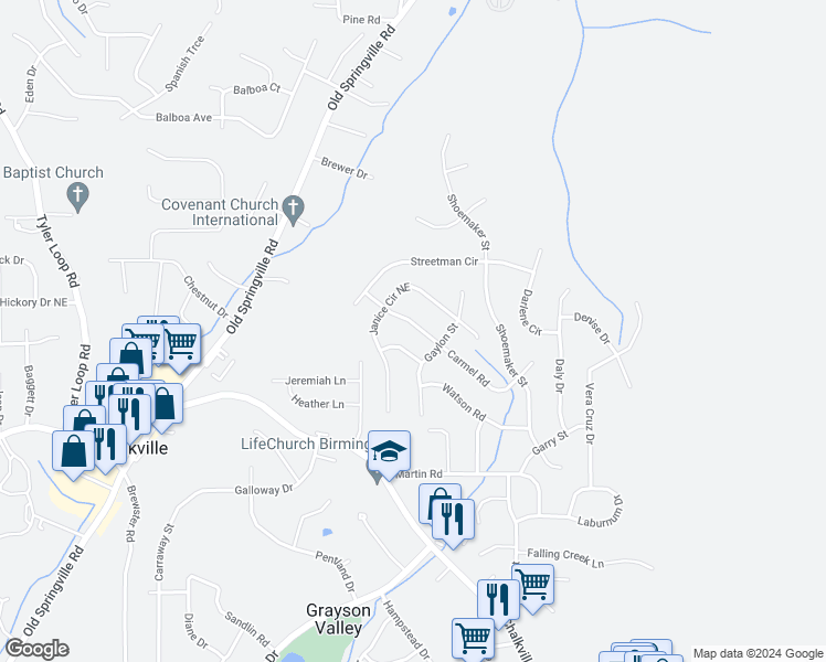 map of restaurants, bars, coffee shops, grocery stores, and more near 2417 Carmel Road in Birmingham