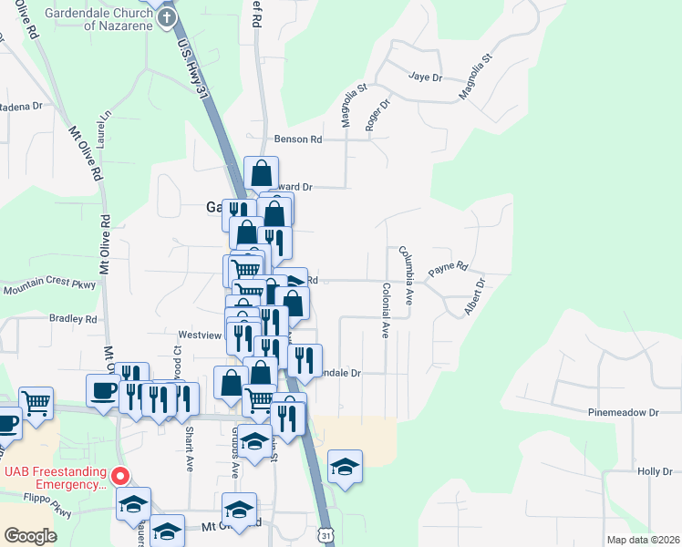 map of restaurants, bars, coffee shops, grocery stores, and more near 208 Payne Road in Gardendale