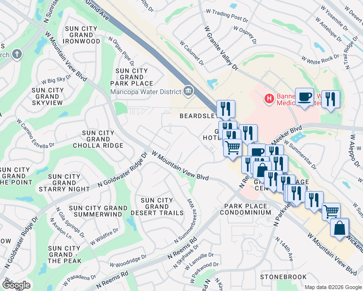 map of restaurants, bars, coffee shops, grocery stores, and more near 14950 West Mountain View Boulevard in Surprise