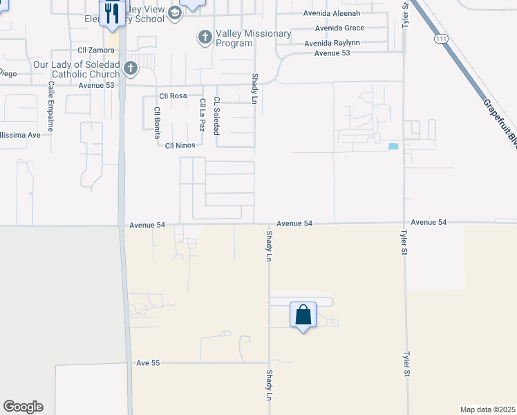 map of restaurants, bars, coffee shops, grocery stores, and more near 53950 Shady Lane in Coachella