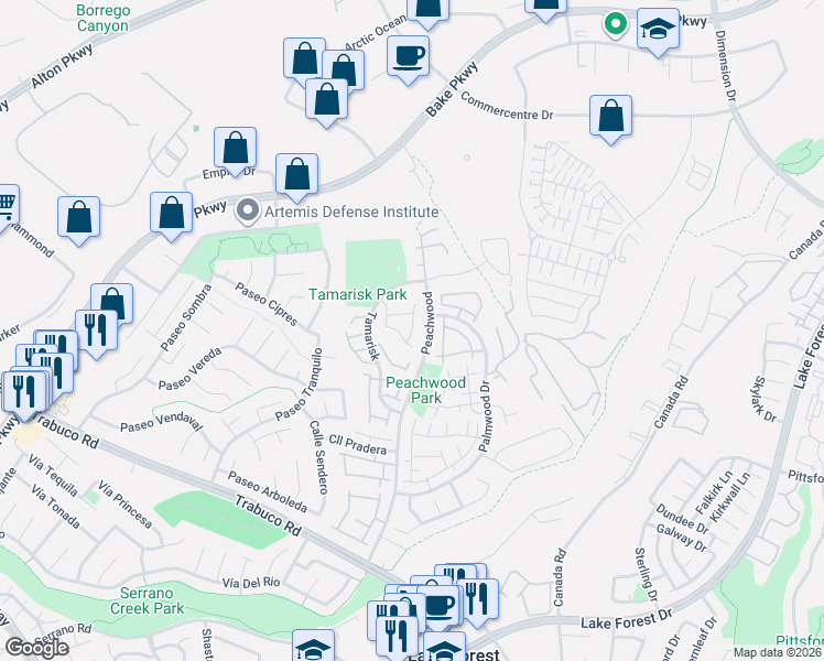 map of restaurants, bars, coffee shops, grocery stores, and more near 21016 Champlain in Lake Forest