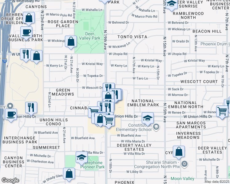 map of restaurants, bars, coffee shops, grocery stores, and more near 18811 North 19th Avenue in Phoenix