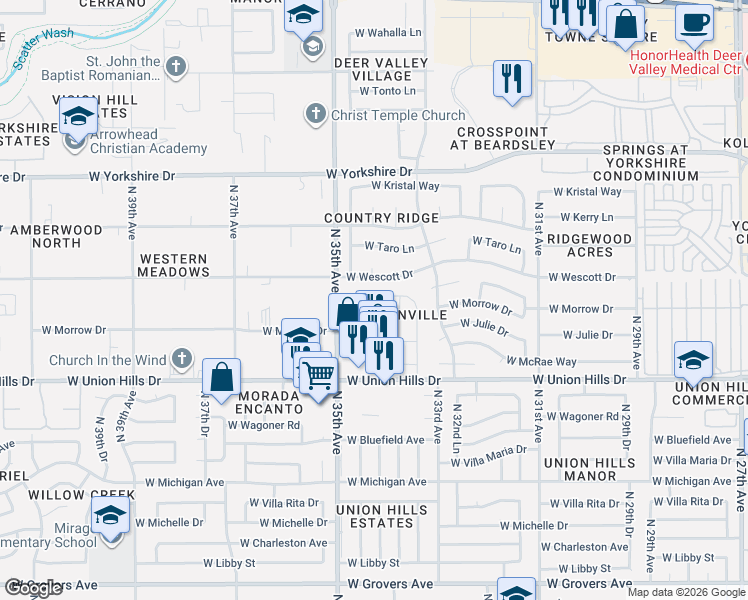 map of restaurants, bars, coffee shops, grocery stores, and more near 3401 West Morrow Drive in Phoenix
