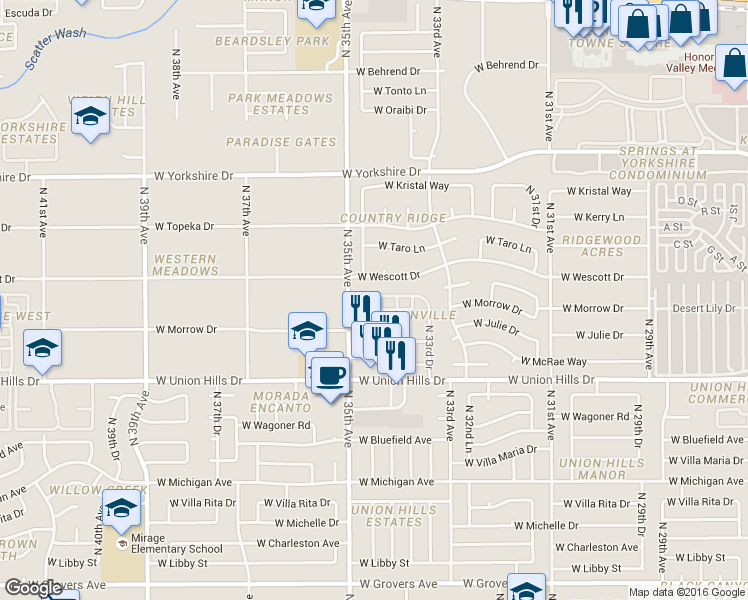 map of restaurants, bars, coffee shops, grocery stores, and more near 18820 North 34th Lane in Phoenix