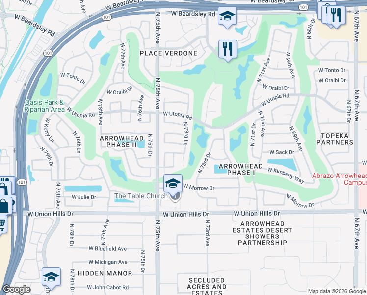 map of restaurants, bars, coffee shops, grocery stores, and more near 19101 North 73rd Lane in Glendale