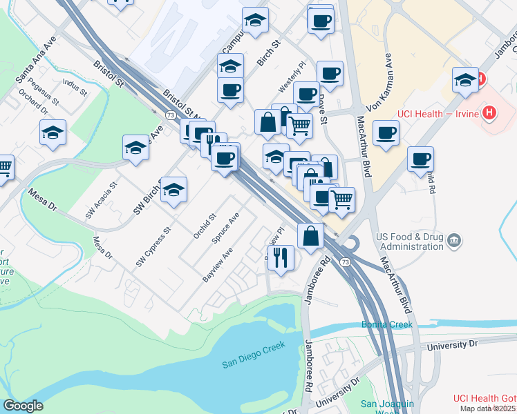 map of restaurants, bars, coffee shops, grocery stores, and more near 2452 Zenith Avenue in Newport Beach