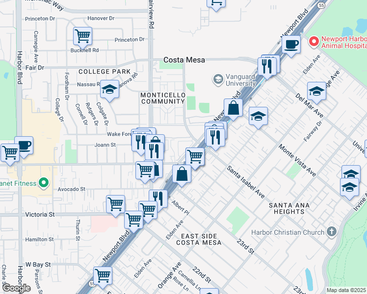 map of restaurants, bars, coffee shops, grocery stores, and more near 2359 Newport Boulevard in Costa Mesa