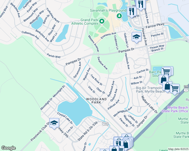 map of restaurants, bars, coffee shops, grocery stores, and more near 3753 Tea Rose Street in Myrtle Beach