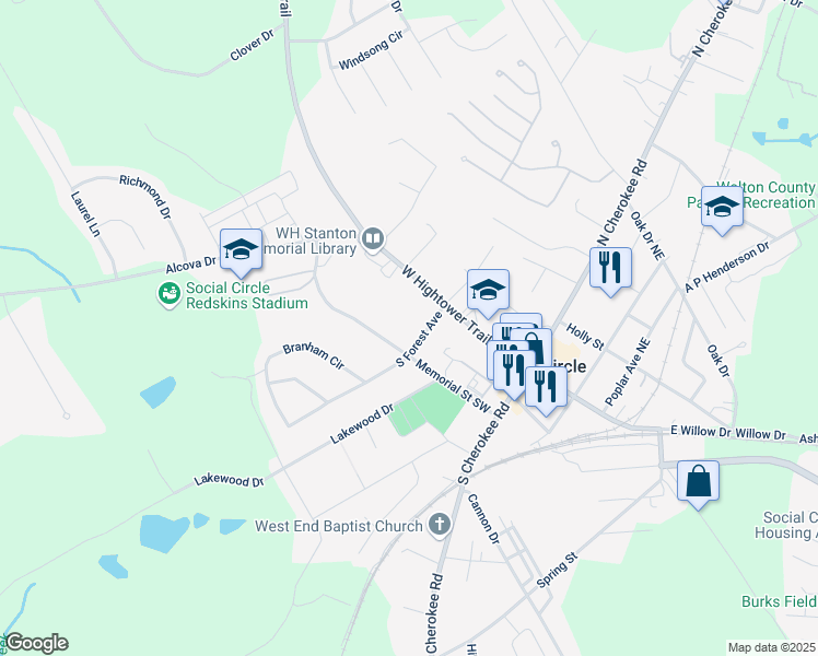 map of restaurants, bars, coffee shops, grocery stores, and more near 159 South Forest Avenue in Social Circle