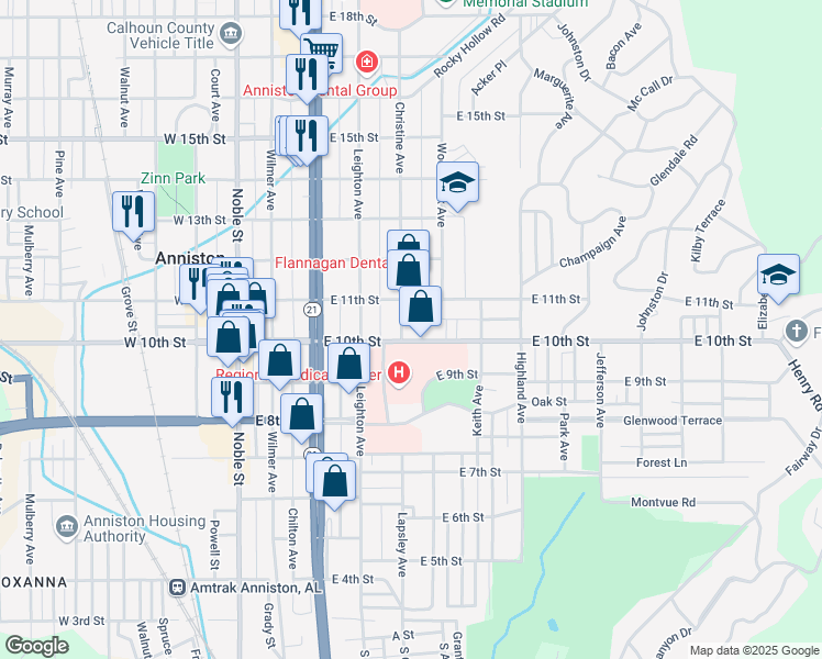 map of restaurants, bars, coffee shops, grocery stores, and more near 409 East 10th Street in Anniston