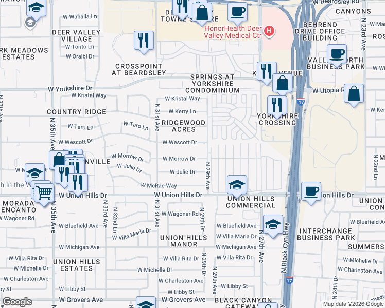 map of restaurants, bars, coffee shops, grocery stores, and more near 2949 West Morrow Drive in Phoenix